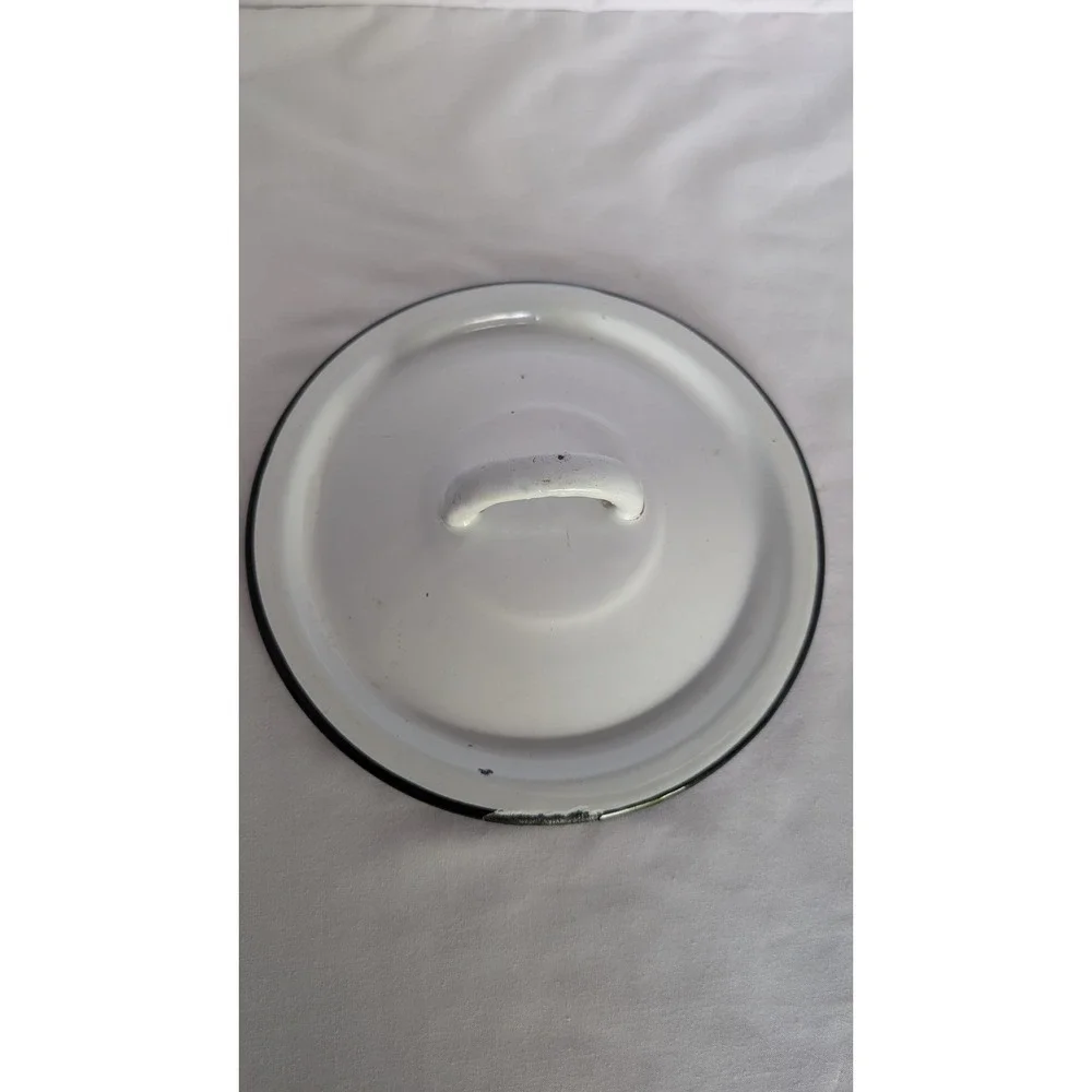 Vintage White Enamel Pot Lid Black Trim Replacement Farmhouse Cookware 7.25 Inch